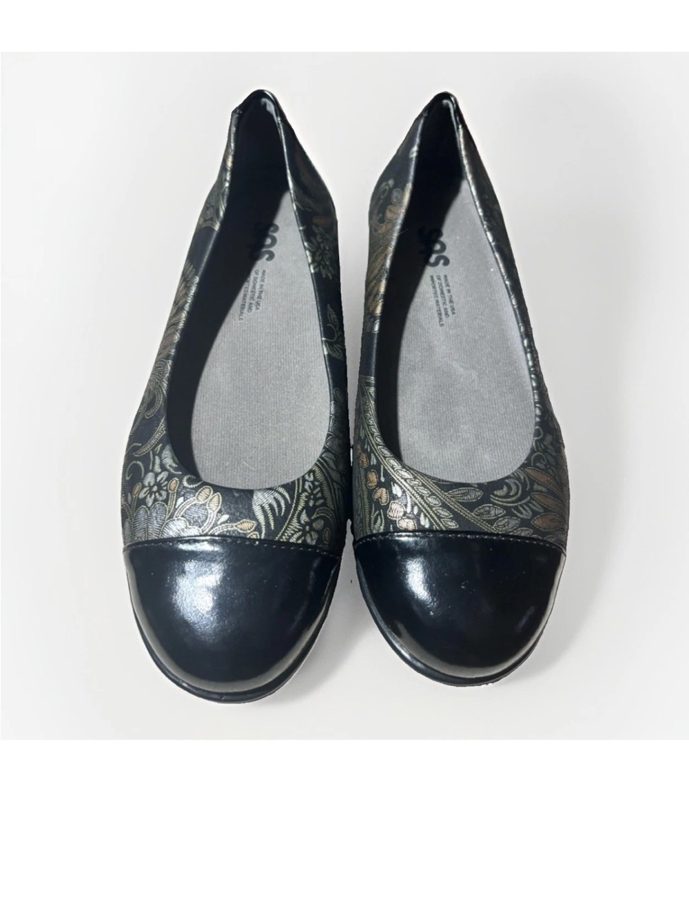 SAS Scenic Womens Cap Toe Patent Leather Floral Flats Shoes Black Size 6.5 M
